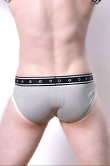 Comicaze brief gray mesh briefs with black waistband featuring white circular eyelets front view