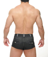 Conner denim shorts in black with silver-toned hardware and contrasting stitching on durable denim fabric
