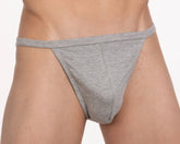 Gray heathered cotton contour cutaway men’s bikini briefs with narrow waistband and central seam front view