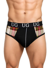 Black briefs with plaid side panels and a black waistband featuring ug branding part of the contrast jock with snug pouch collection