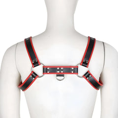 Black and red leather contrast trim harness with silver metal hardware showing front view