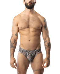 Core bikini timber black and gray camouflage briefs with a snug athletic fit for active wear