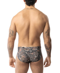 Core bikini timber camouflage briefs with earthy tones and detailed foliage design in soft breathable fabric