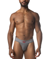 Gray core jockstrap 3.0 athletic briefs with red logo and white trim on waistband designed for active support