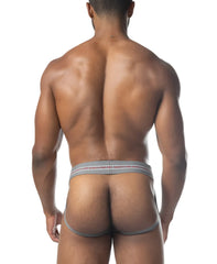 Gray core jockstrap 3.0 athletic briefs with a subtle red and white striped waistband for active support