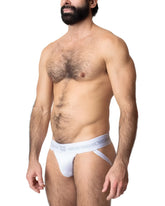 White cotton core jockstrap briefs with gray waistband featuring matty pig brand logo and text
