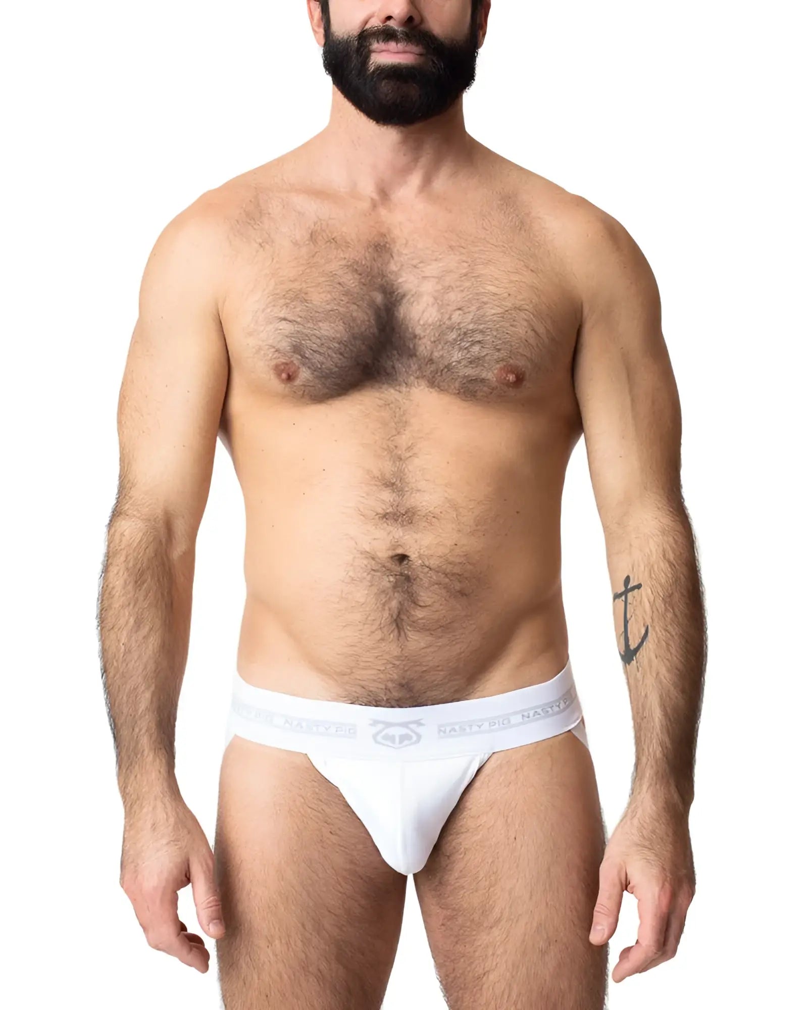 White cotton core jockstrap briefs with a subtle gray logo band for comfortable everyday wear