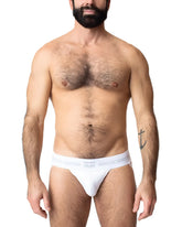 White cotton core jockstrap briefs with a subtle gray logo band for comfortable everyday wear