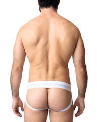 White cotton core jockstrap briefs with a subtle gray logo band across the waistband