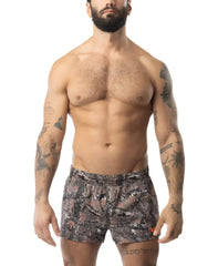 Men’s core swim trunk timber with camouflage pattern in earthy tones and subtle orange accents for swimwear use