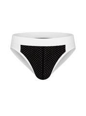 Black and white patterned cotton stretch bikini briefs with solid white waistband front view