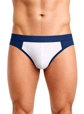 Navy blue and white cotton stretch bikini briefs with perforated mesh panel for athletic wear