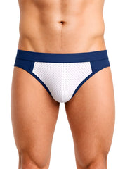 Navy blue and white cotton stretch bikini briefs with perforated mesh panel for athletic wear