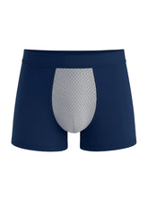 Navy blue cotton stretch trunk boxer briefs with a gray mesh front panel for comfortable everyday wear