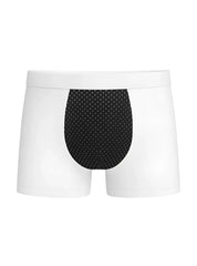 White cotton stretch trunk briefs with black mesh panel featuring small white dots on the front side