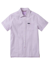 Lavender and white striped country club fly seersucker shirt with short sleeves collar and chest pocket patch