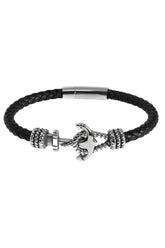 Black braided leather bracelet with a silver anchor charm and textured metal beads from the Courant Uproar collection