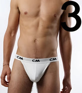 White cm brand cotton jock strap briefs with gray waistband and repeating cm logos in size small pack of three