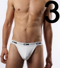 White cm brand cotton jock strap briefs with gray waistband and repeating cm logos in size small pack of three