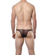 Black sheer mesh thong covering male brazilian bikini underwear in size m shown from the back side