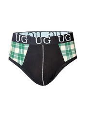 Black cozy comfort pouch briefs with green and white plaid side panels and black waistband embroidered with ug