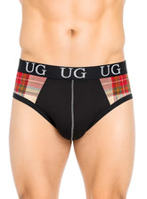 Cozy comfort pouch brief in black with red green beige plaid side panels and black waistband with white ug lettering