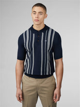 Navy blue crinkle cotton short-sleeved polo shirt with white vertical stripes and small embroidered chest logo