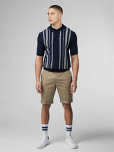 Navy blue and white crinkle cotton stripe polo shirt with short sleeves and small embroidered chest logo