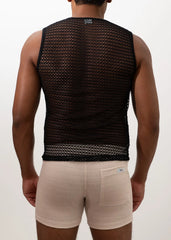 Black crochet muscle tank top with fitted breathable mesh design for casual and active wear