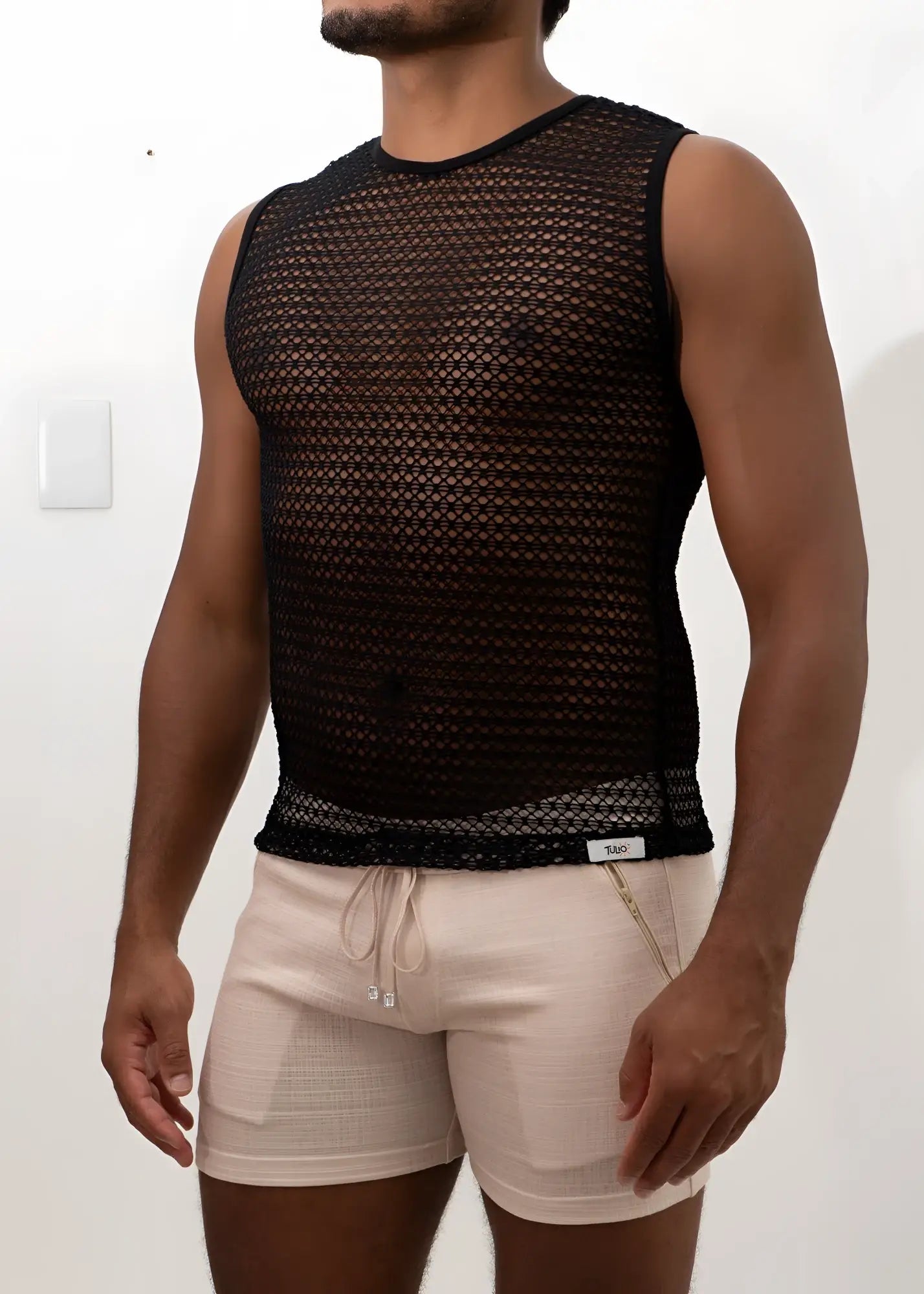 Black crochet muscle tank top with mesh sleeveless fitted semi transparent design and ribbed hem