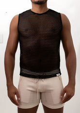 Black crochet muscle tank top with sleeveless mesh design round neckline and elasticated hem for casual wear