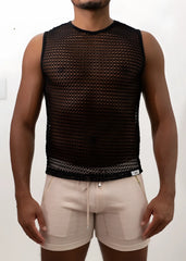 Black crochet muscle tank top with sleeveless mesh design round neckline and elasticated hem for casual wear