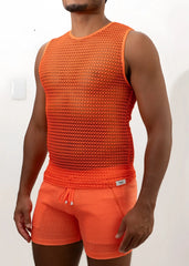 Orange crochet muscle tank top with round neckline sleeveless design and elastic waistband detail