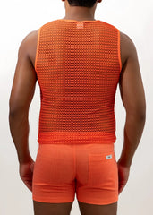 Crochet muscle tank top in orange mesh with textured breathable fabric and a small brand tag at the neckline