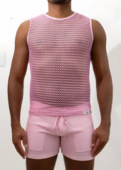Pink mesh crochet muscle tank top with sleeveless design round neckline and subtle geometric pattern