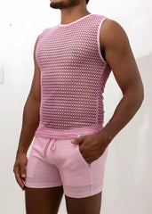 Pink crochet muscle tank top with mesh sleeveless design and subtle geometric pattern paired with matching drawstring shorts