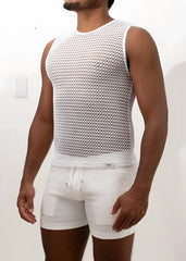 White crochet muscle tank top with sleeveless design mesh texture and round neckline for casual wear
