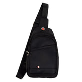 Black nylon crossbody sling bag with a red and white logo patch on the front for everyday use