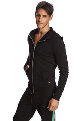 Figurbetonter Crossover Yoga Track Performance Hoodie (Schwarz mit grünem Reißverschluss)