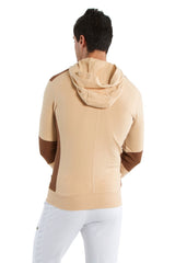 Beige and brown color-blocked form-fit crossover yoga track hoodie with sleek modern design for performance wear