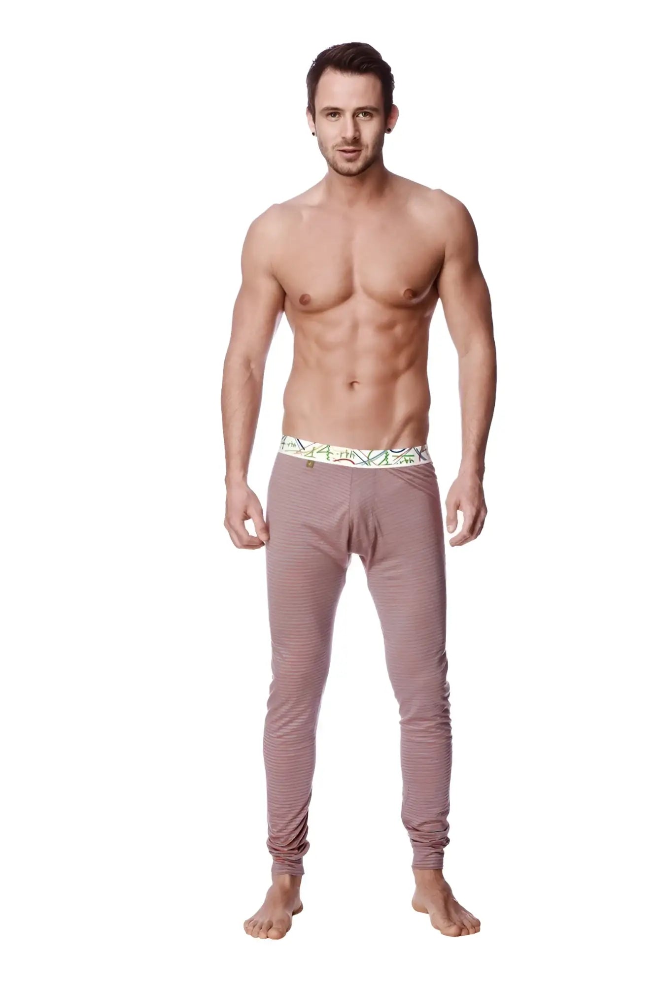 A pair of mauve ribbed knit thermal yoga pants with a red and grey striped patterned waistband