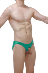 Teal green crotchless bikini satin briefs with a small logo on the side designed for athletic wear