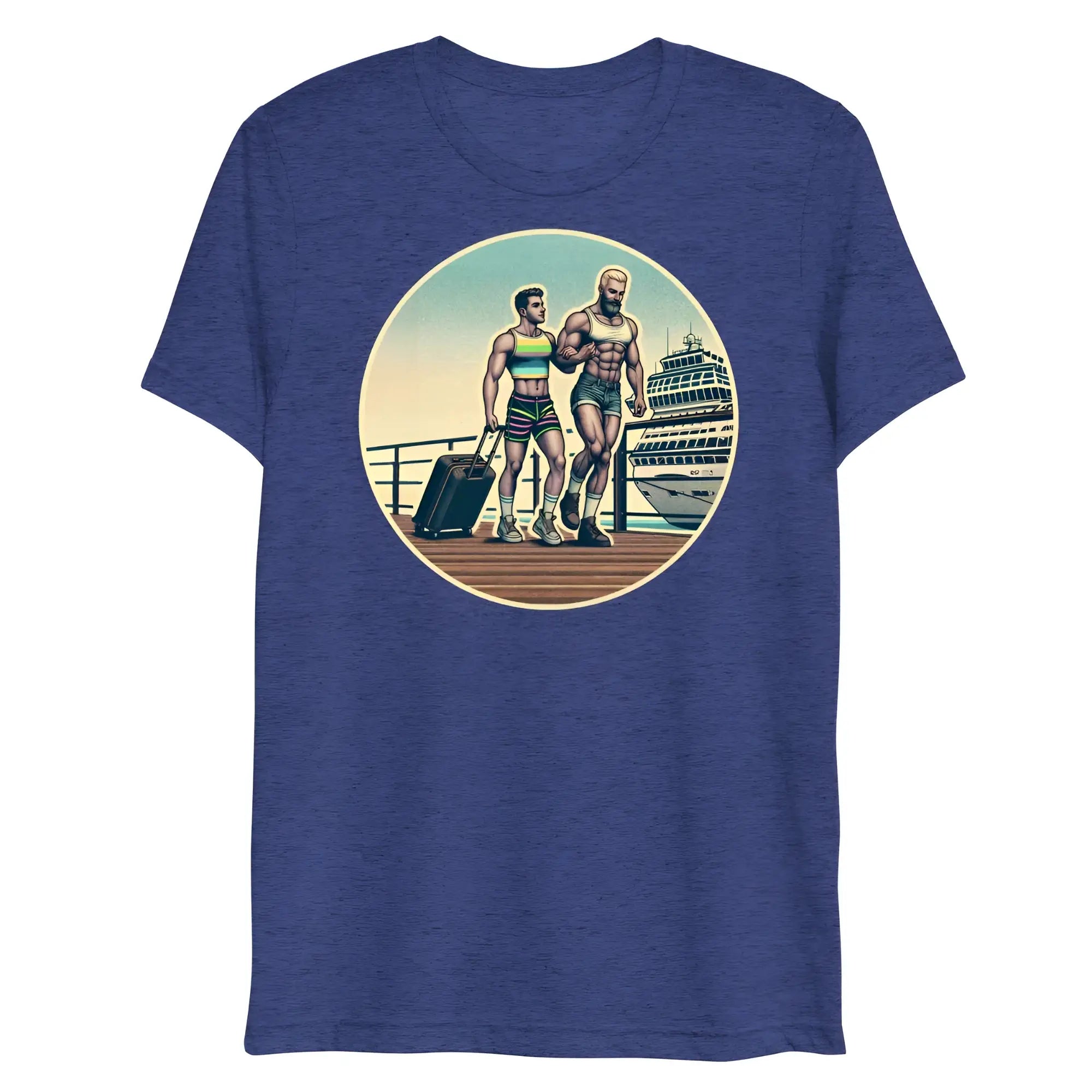 Blue heathered t-shirt with a circular graphic of two muscular men with luggage on a dock in front of a cruise ship