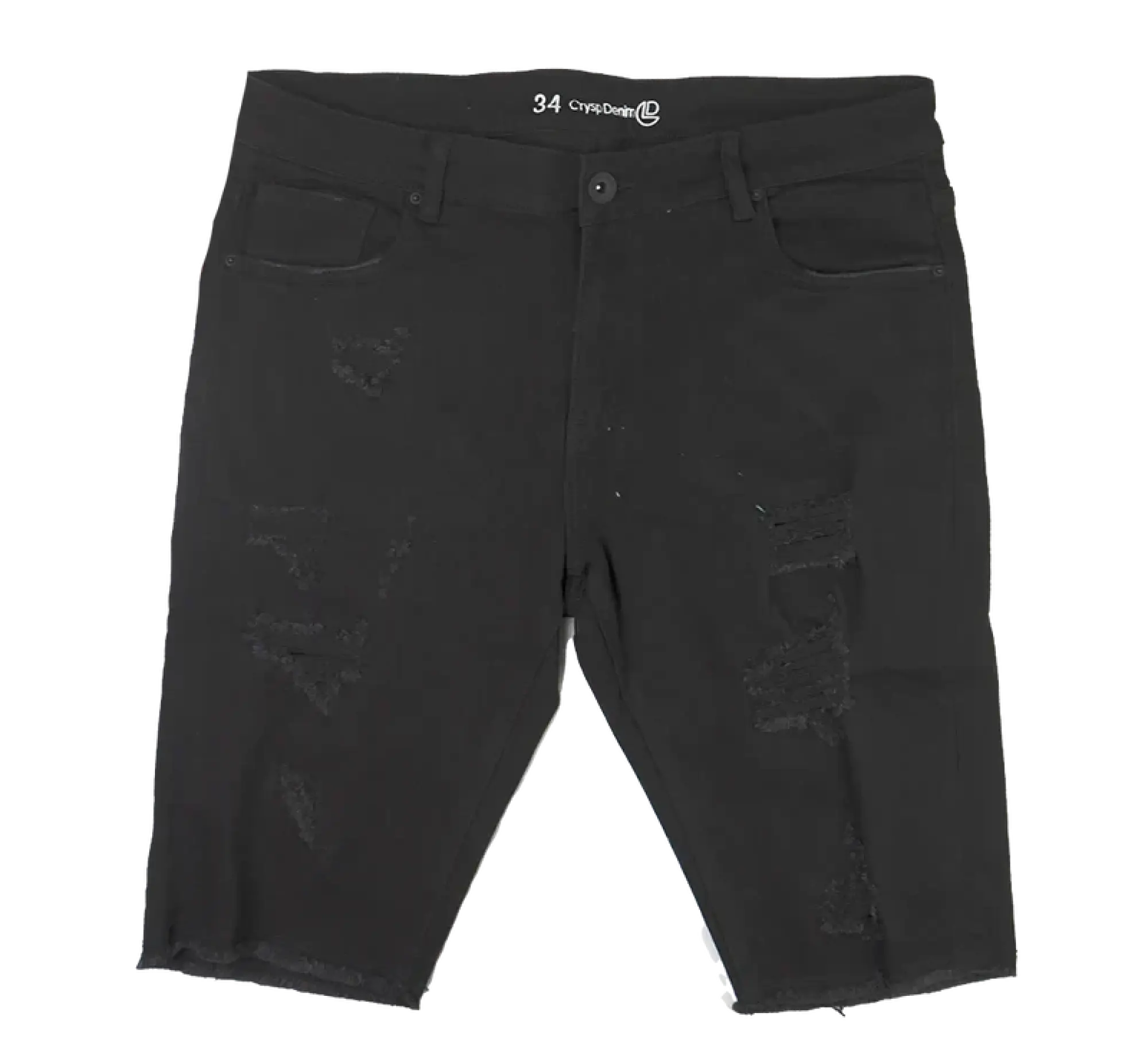 Black distressed denim cut off shorts with 34 waistband and crysdenn branding from CRYSP denim collection