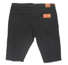 Black denim cut off short by crysp denim with slim fit back side showing two pockets and orange brand tags