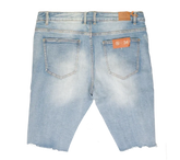 Light-wash denim cut off shorts with frayed hem and orange CRYSP denim brand tags for casual wear