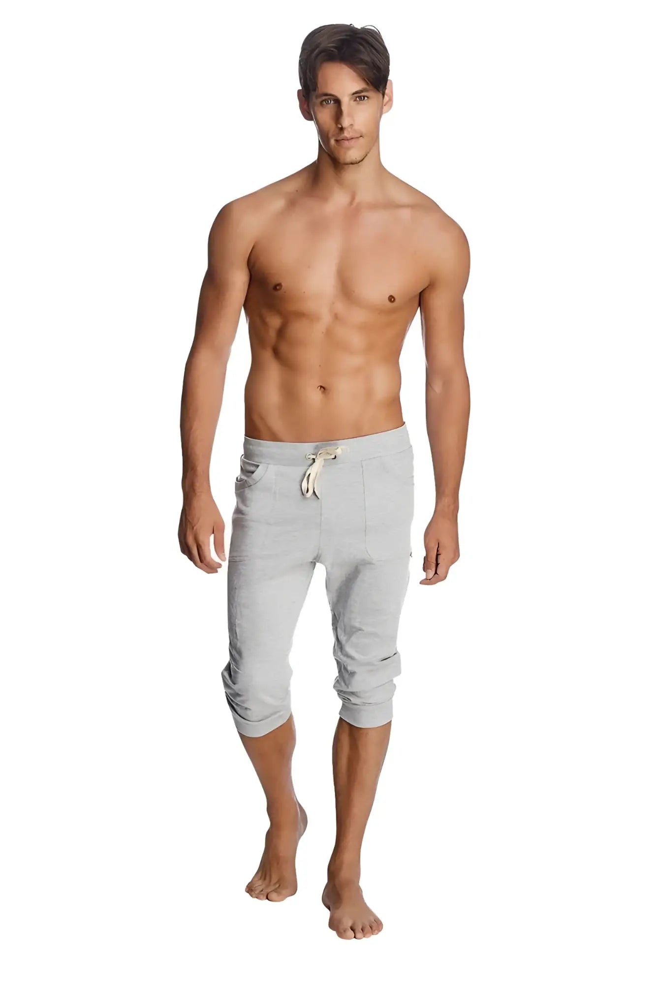 Light gray solid heather grey cuffed yoga pants with drawstring waist and rolled cuffs mid-thigh length