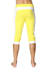 Bright yellow cuffed yoga pants with white side stripes and elastic waistband for comfortable activewear