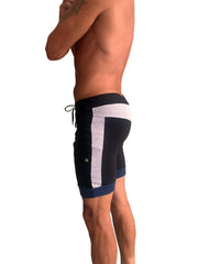 Black cuffed yoga shorts with silver textured stripe, navy trim, and adjustable drawstring waistband for activewear