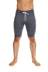 Dark gray textured cuffed yoga shorts with white drawstring and side pockets for comfortable activewear
